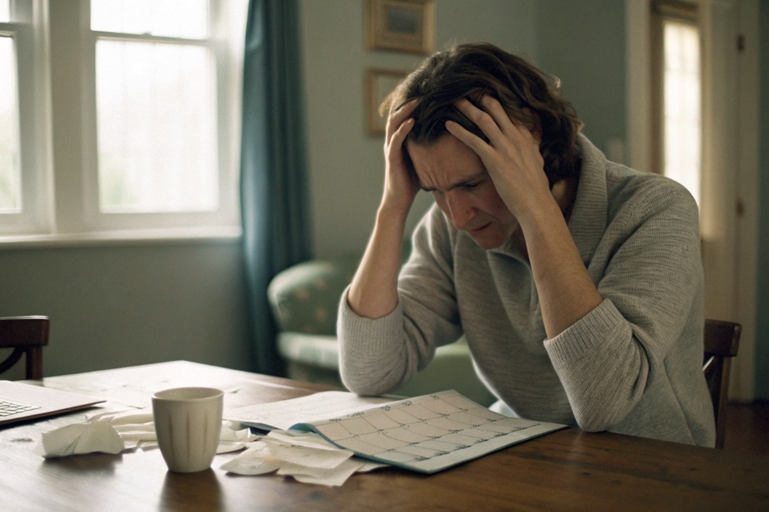 Frustrated homeowner at desk with papers and a calendar.