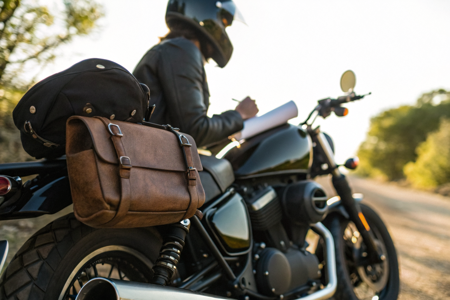 Motorcycle with custom parts and rider checking insurance document.