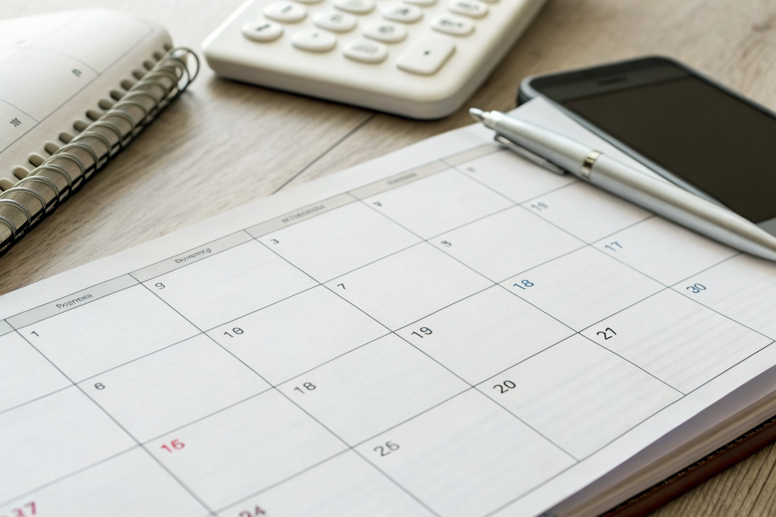 Calendar marked with renewal date, phone, and insurance packet.
