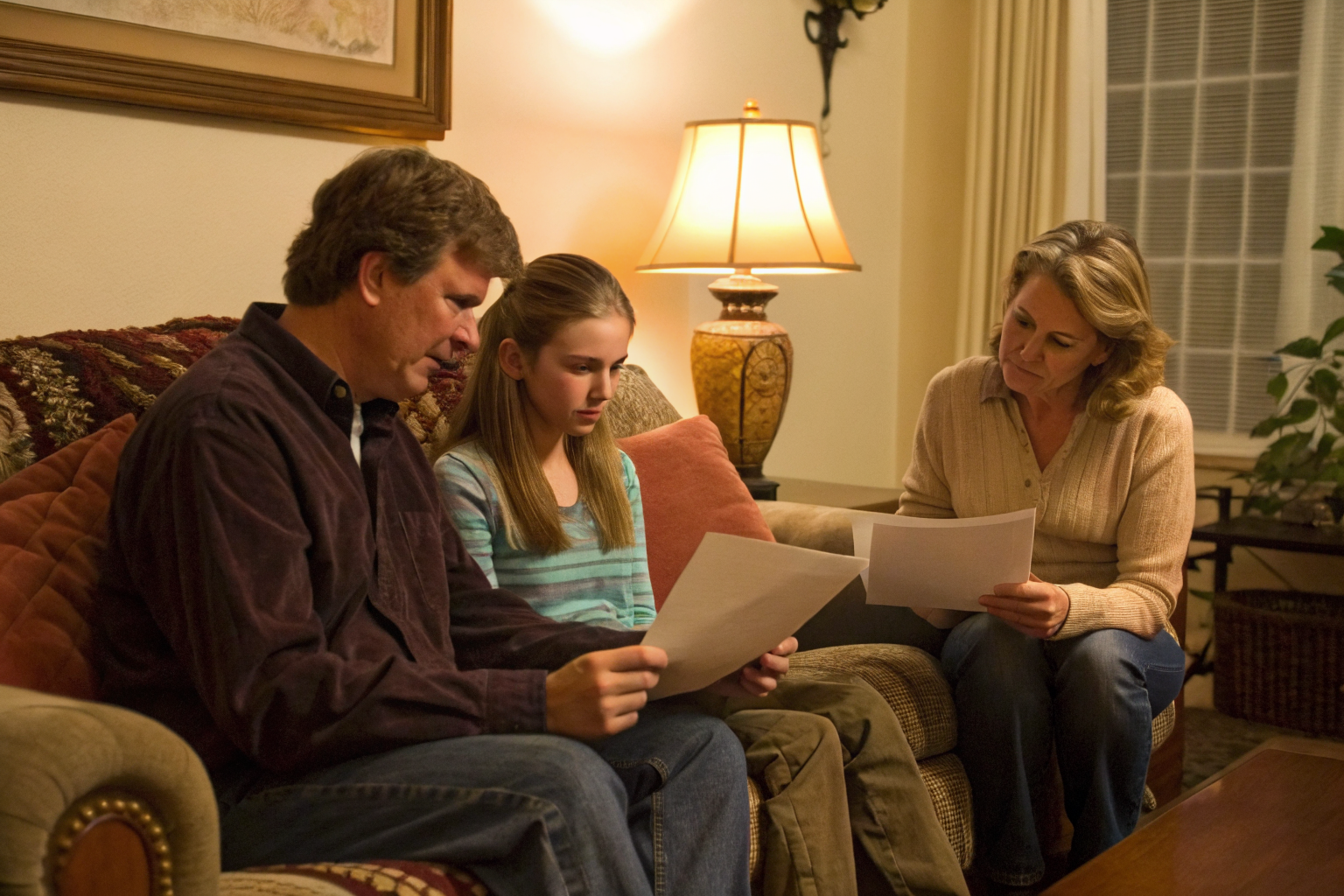 Family discussing insurance policy with young driver.