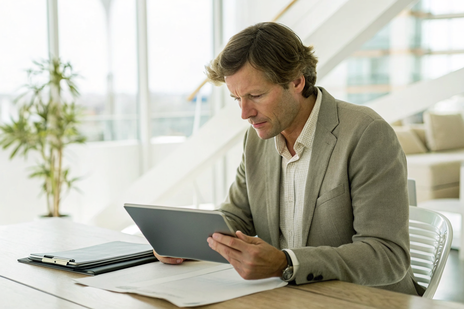 Host checking AirCover on tablet with policy papers on desk.