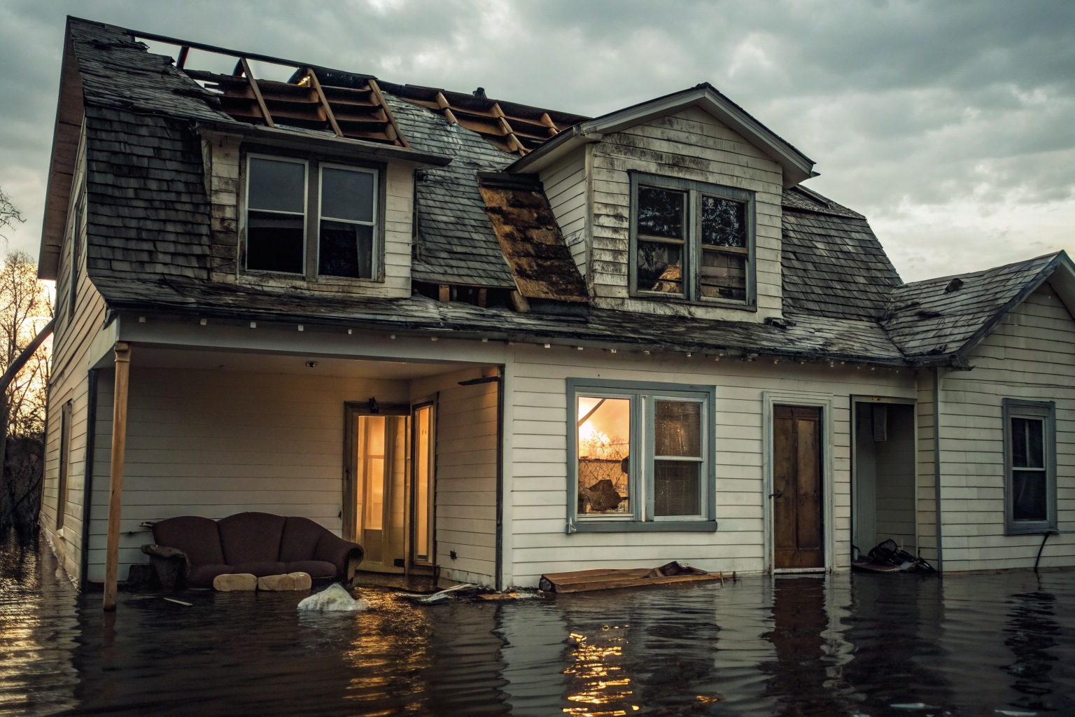 Home with wind and water damage showing anti-concurrent causation trap.