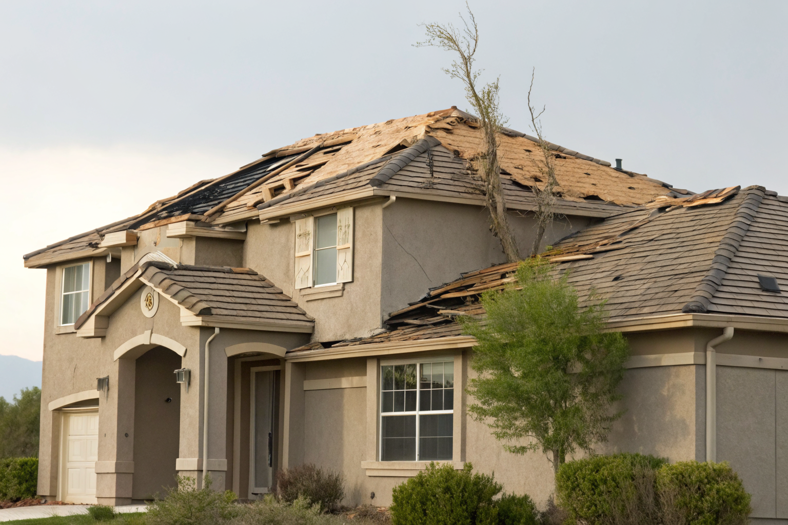 Arizona home showing roof damage and insurance challenges under daylight.