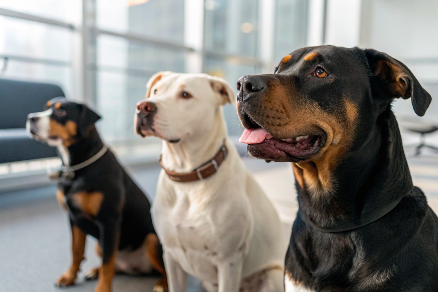 Dogs including Rottweiler and pit bull in an insurance office.