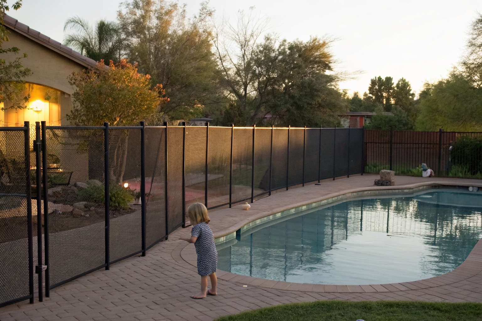 Child looking at a pool through a high fence in Arizona.