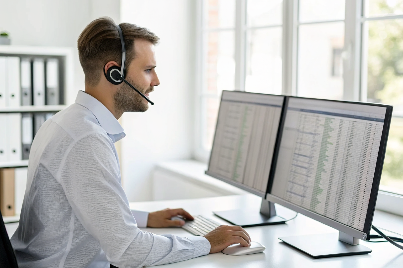 Broker with headset at dual monitors in office, processing insurance steps.