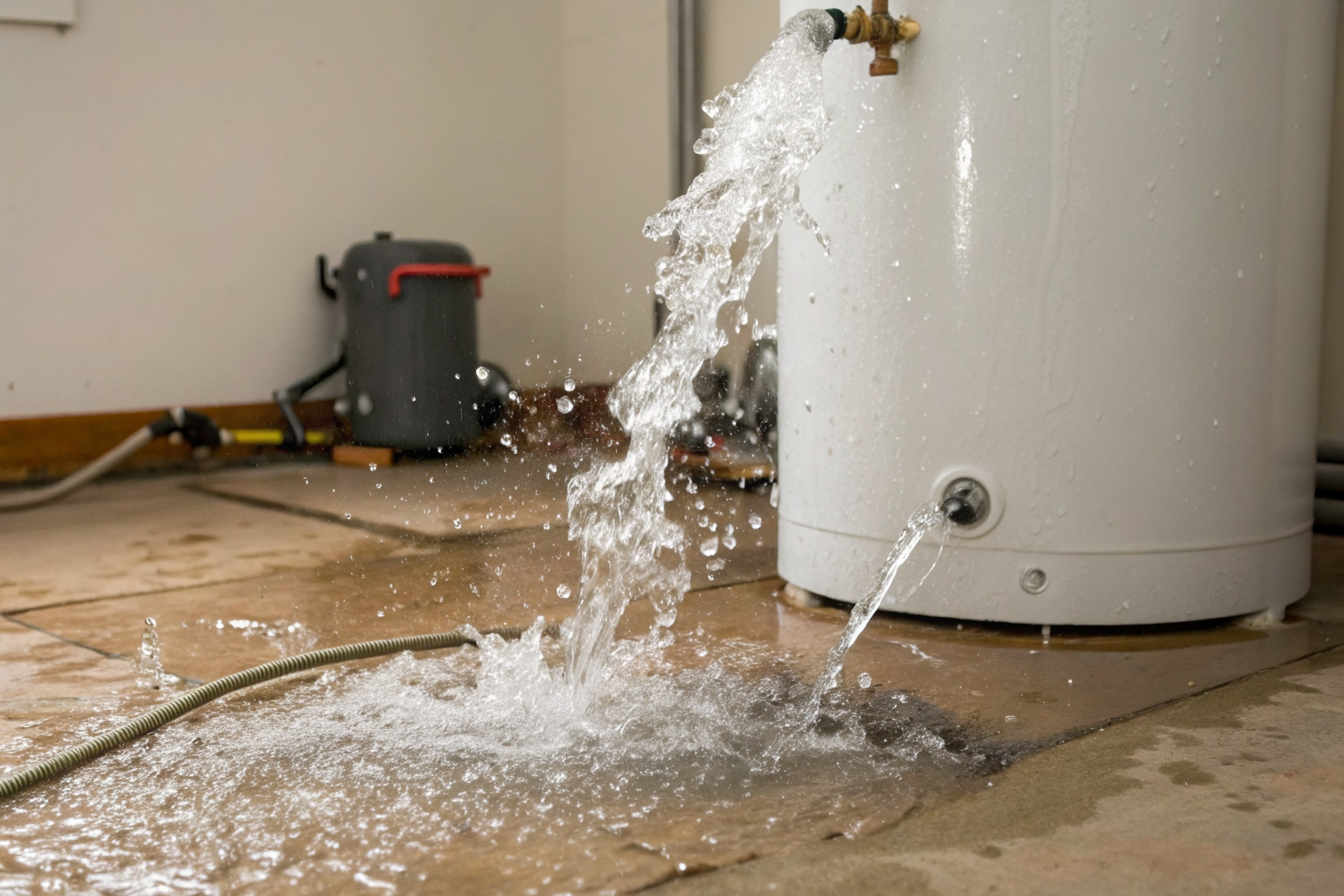 Water heater burst, water rapidly flooding floor.