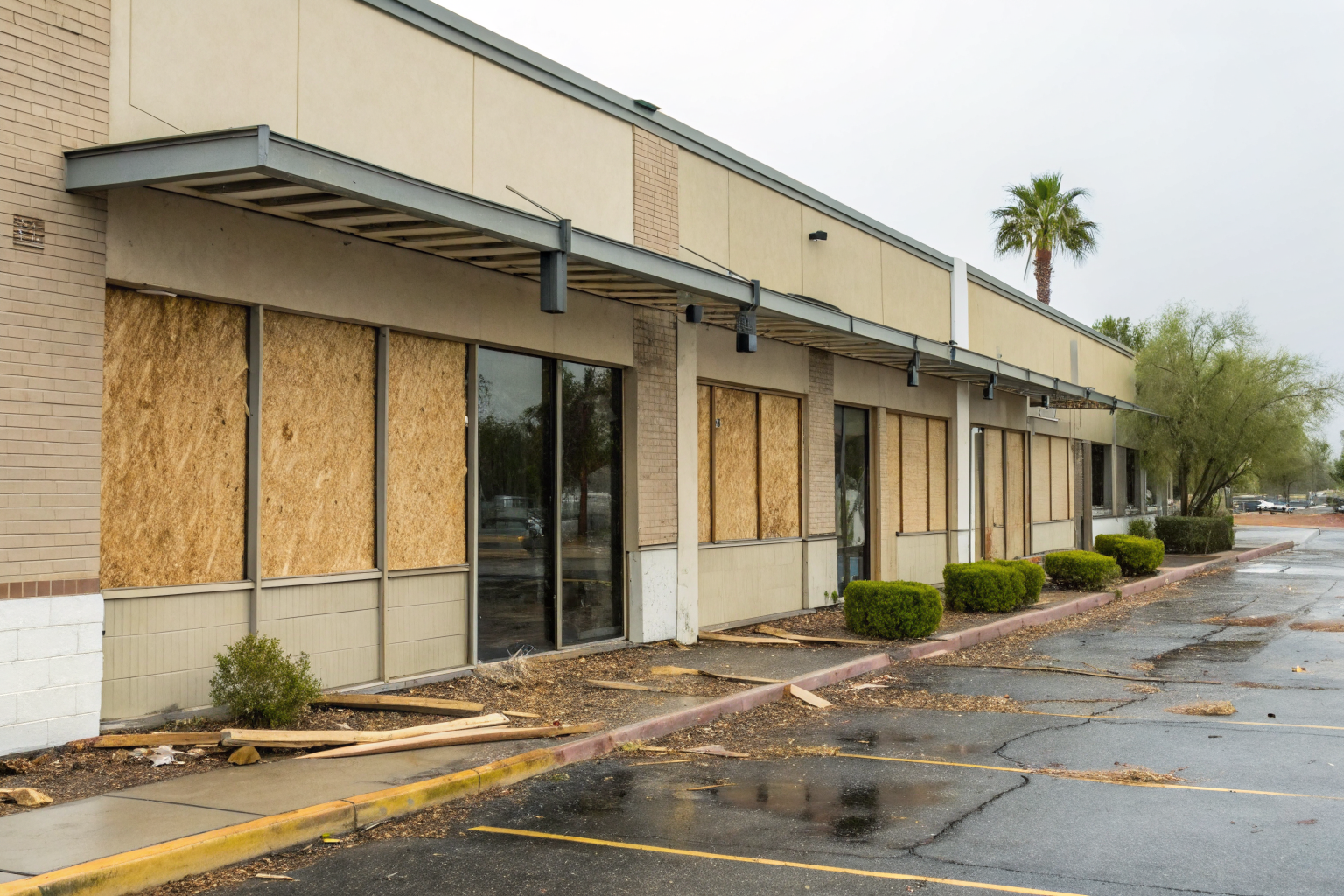 Commercial building with visible monsoon damage in Phoenix.