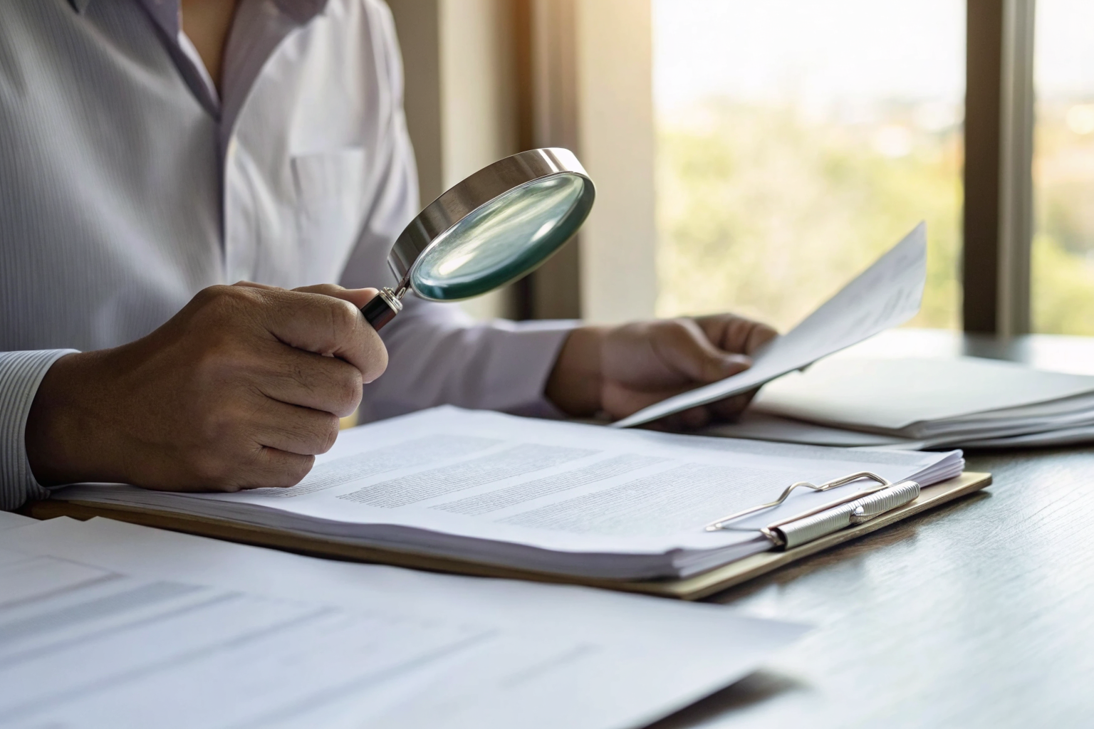 Person using magnifying glass on documents, examining non-renewal details.