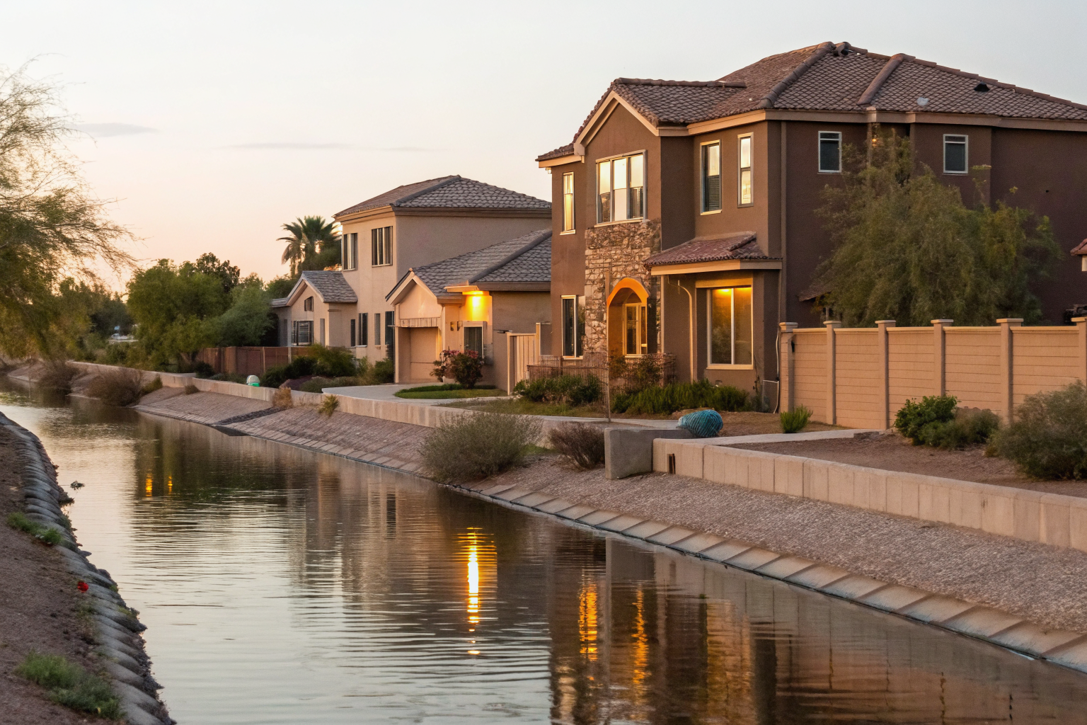 Two Gilbert homes on opposite sides of a canal with flood zone signs.