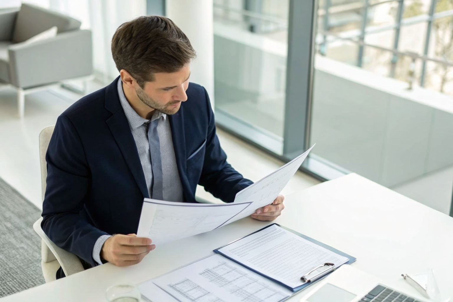 Insurance agent comparing policy documents, illustrating carrier-agnostic sourcing.