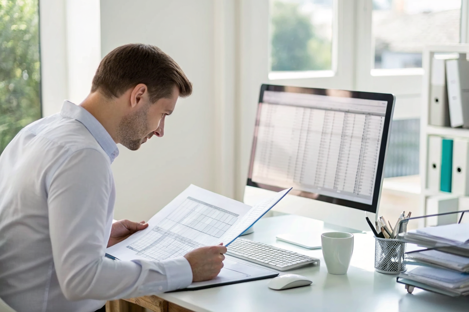 Underwriter with CLUE report on screen and claims history papers.