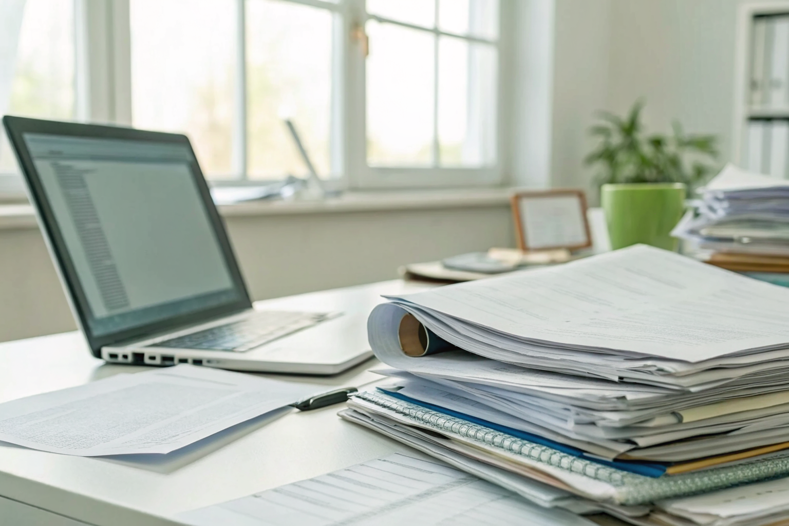 Desk with insurance rate documents and DIFI document on screen.
