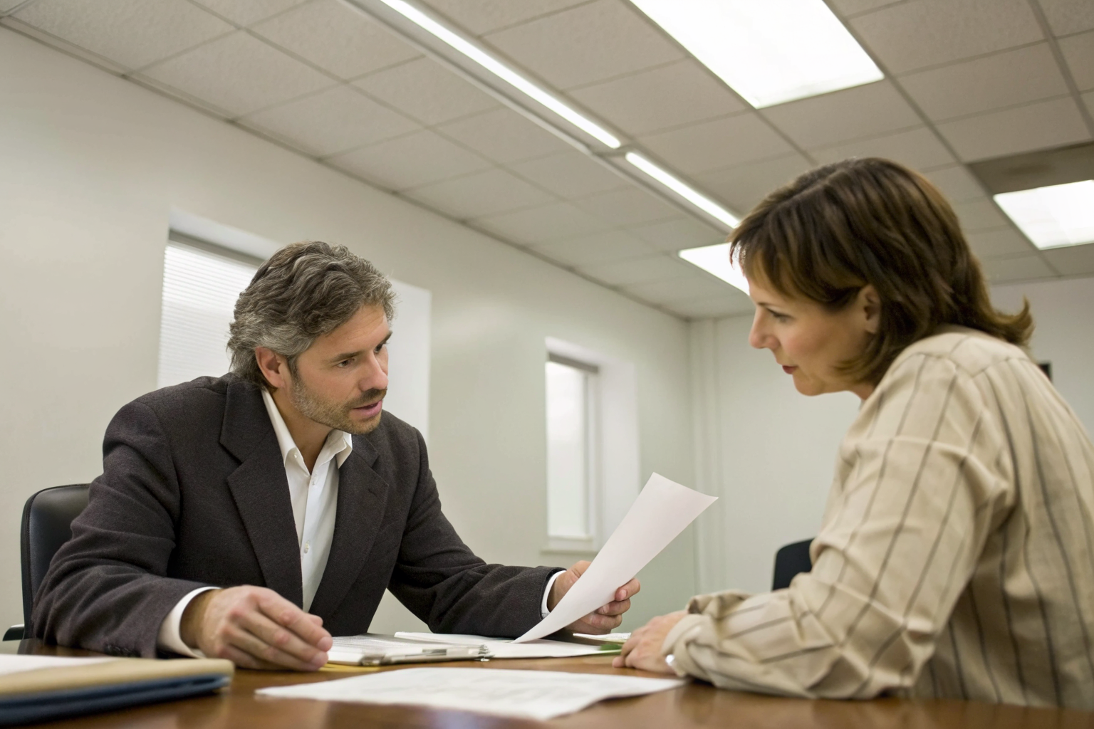 Insurance agent explaining denial reasons to client in a meeting room with paperwork.