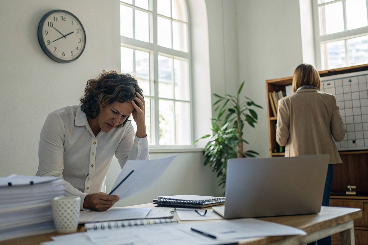 Person examining paperwork with clock and calendar in background.