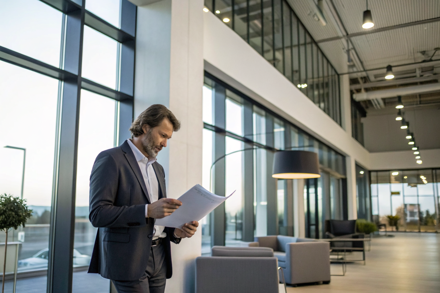 Business owner reviewing insurance policy document in Phoenix office.