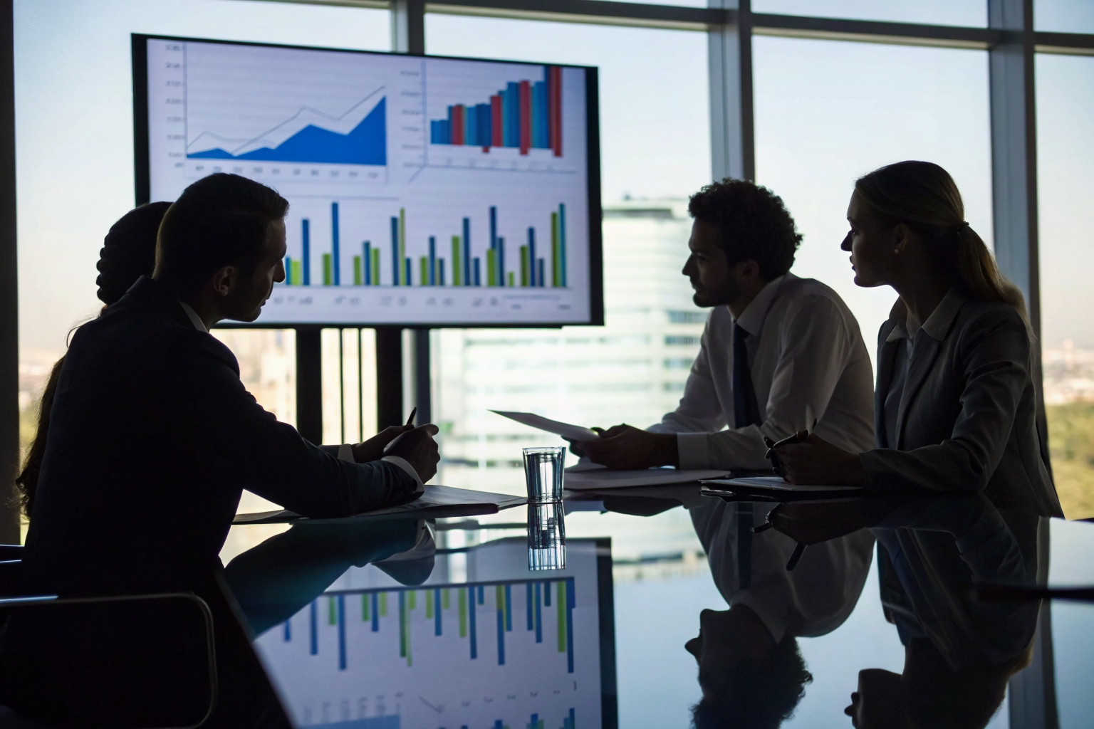 Clients in an insurance office discussing premium costs with charts displayed.