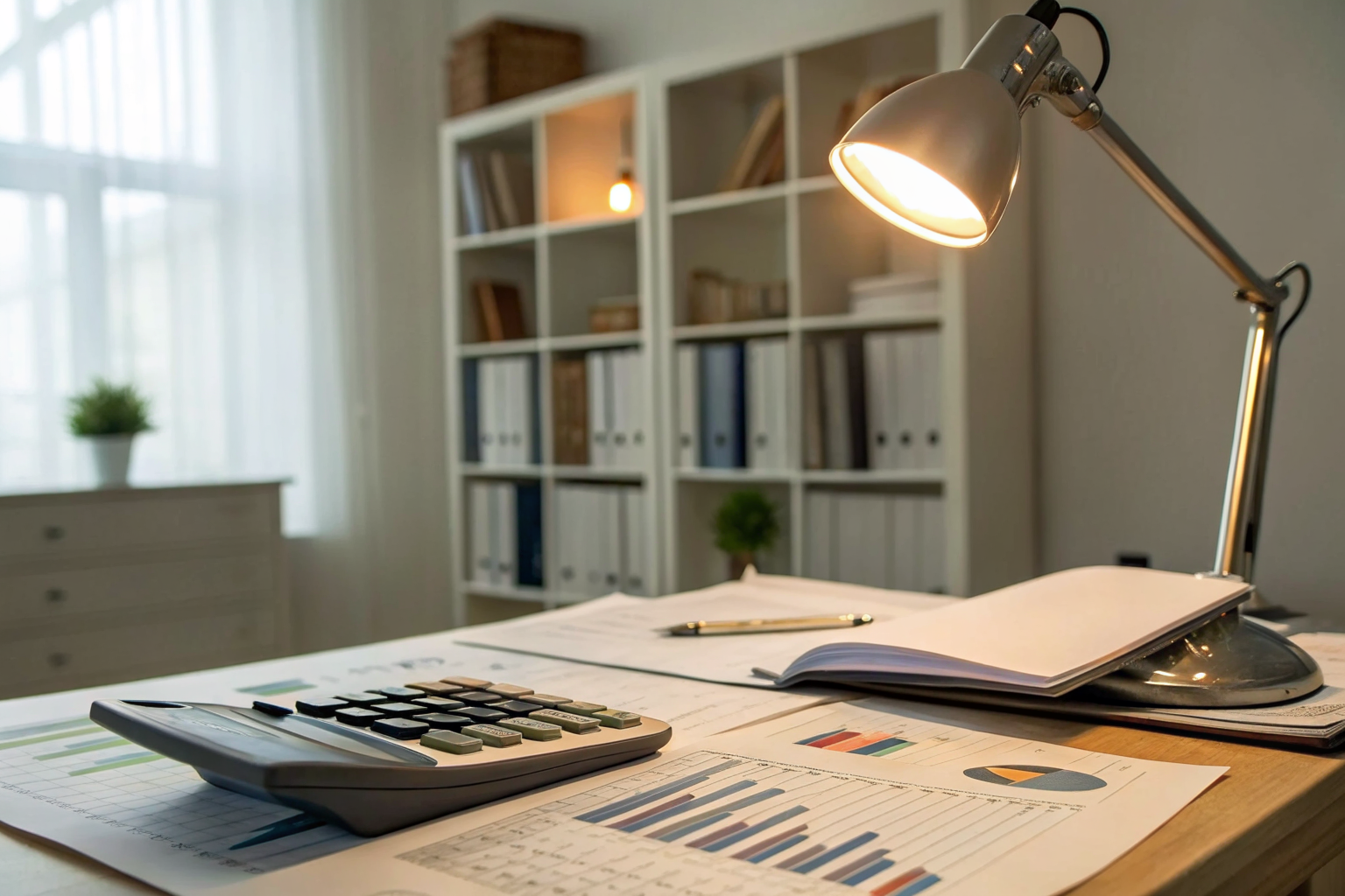Office desk with calculator and documents showing insurance premiums.