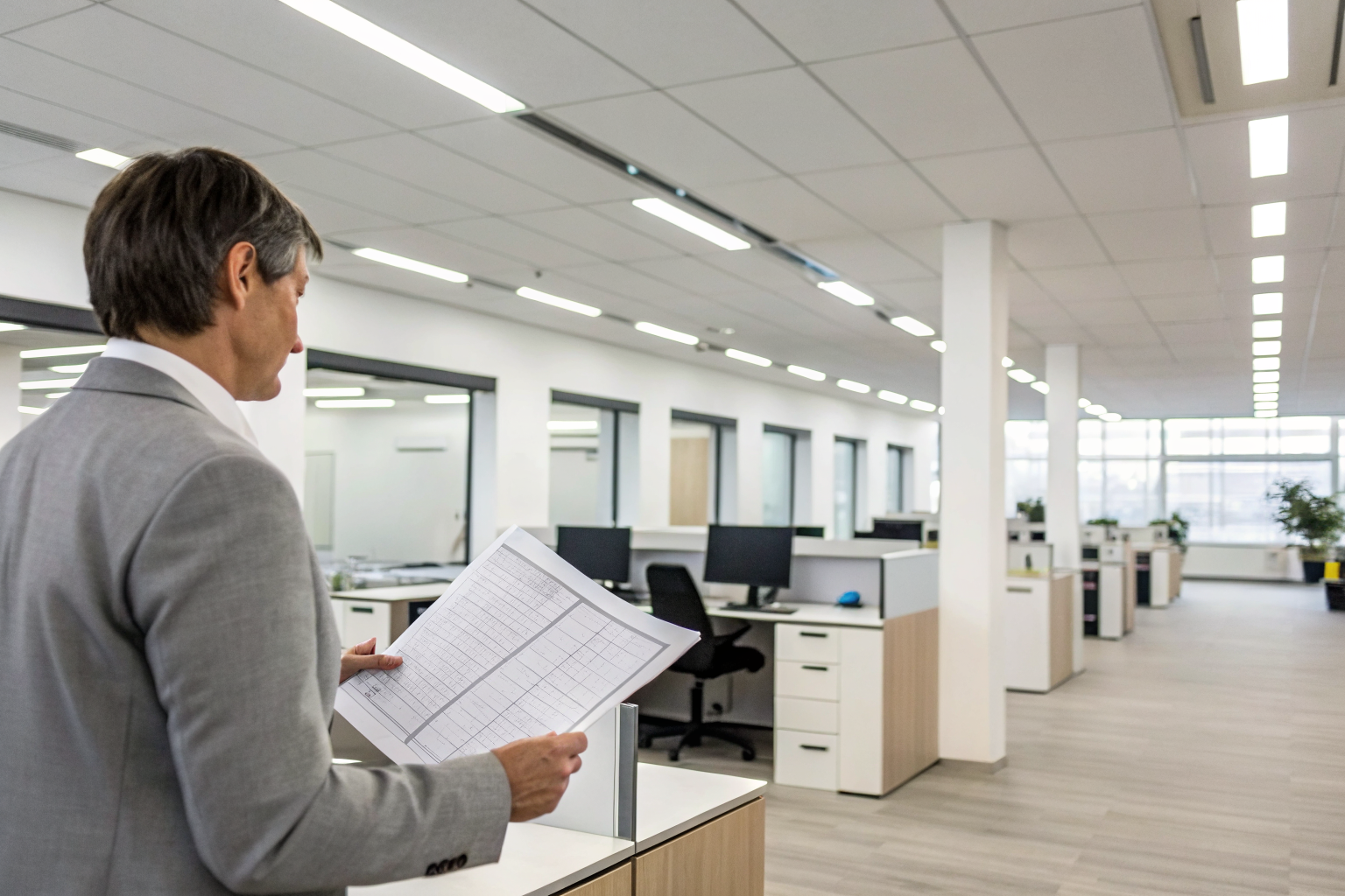 Person reviewing policy documents in a business office setting.