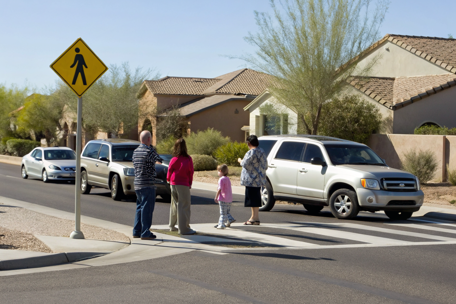 Family members near vehicles and a pedestrian crossing sign.