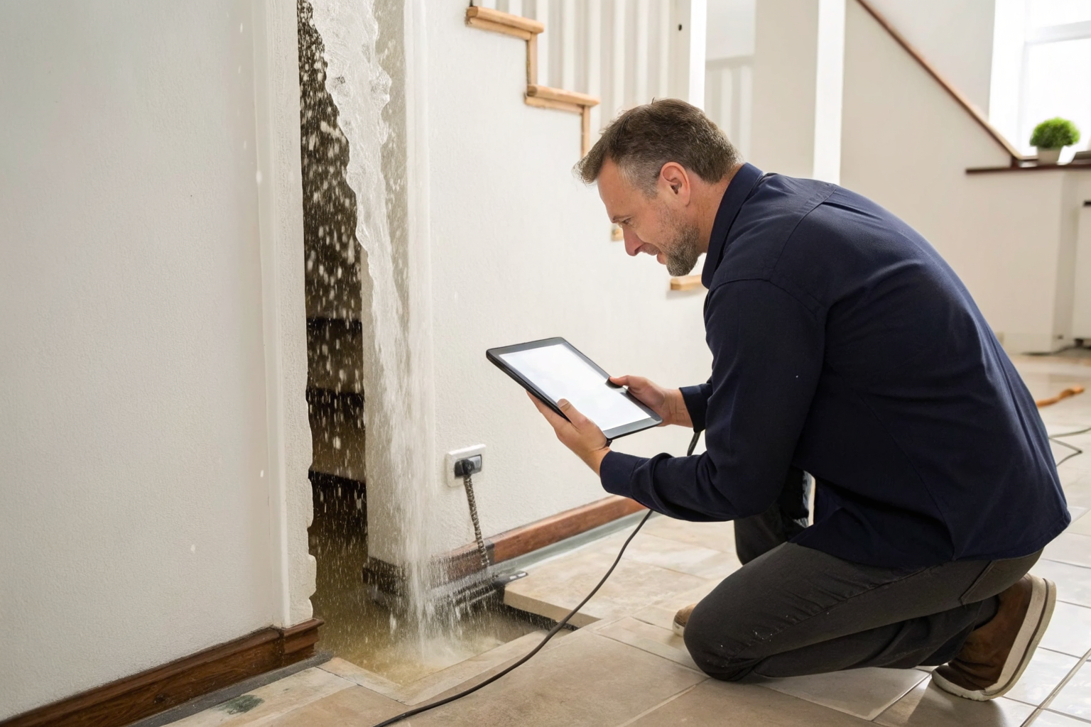 Adjuster with tablet examining water damage in home.