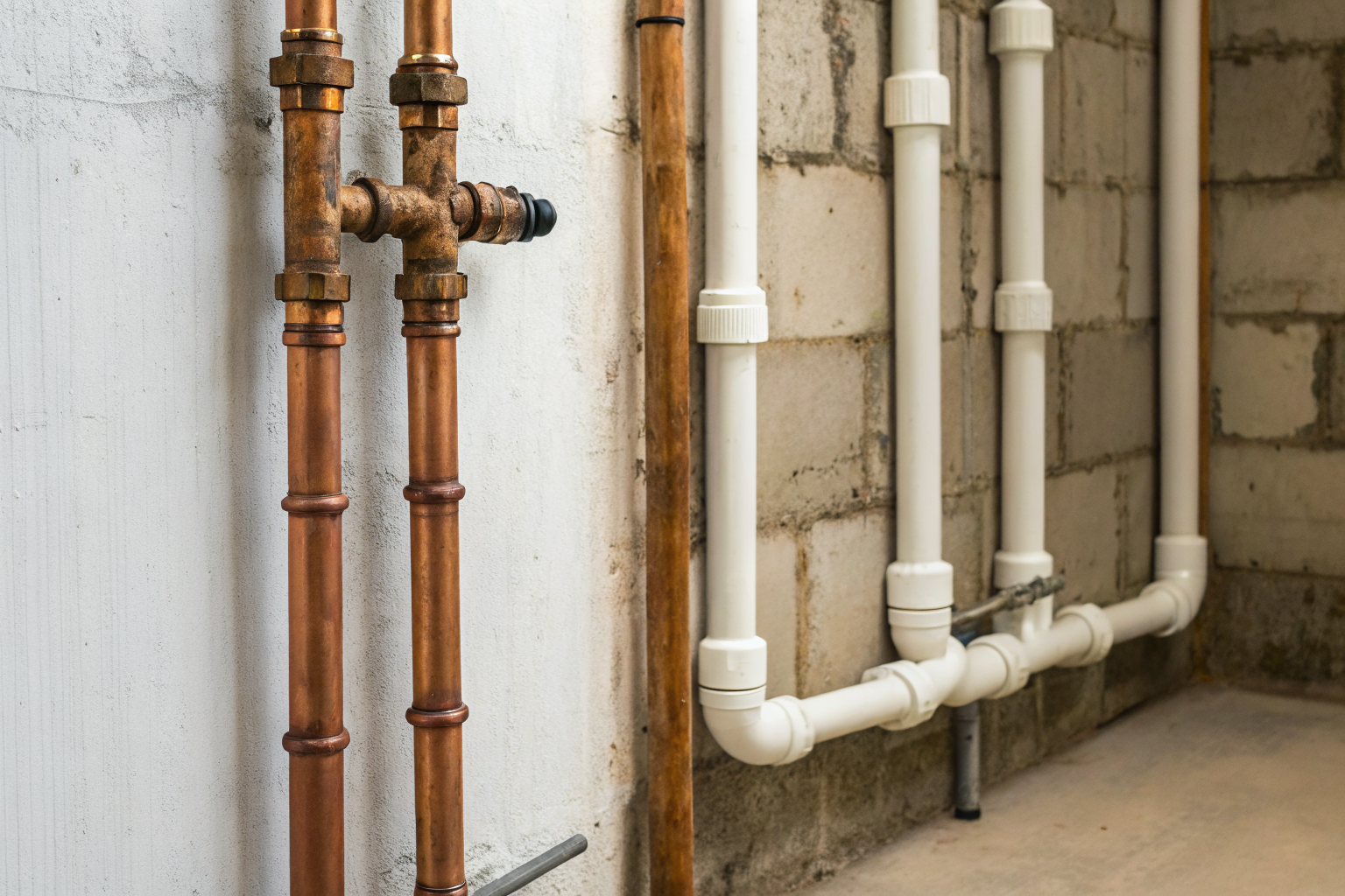 Comparison of aging copper pipes and modern plastic pipes.