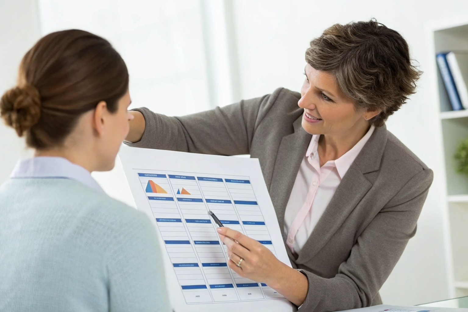 Insurance agent explaining liability coverage tiers to client.