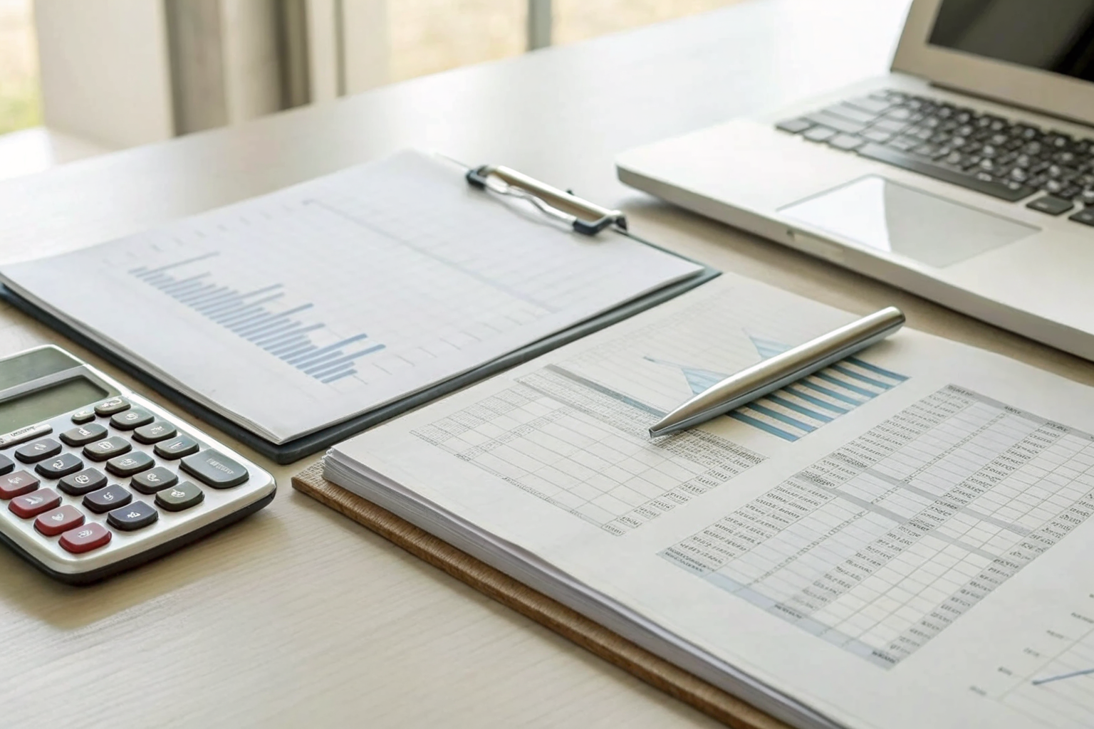 Desk with calculator, financial reports, and classification documents.