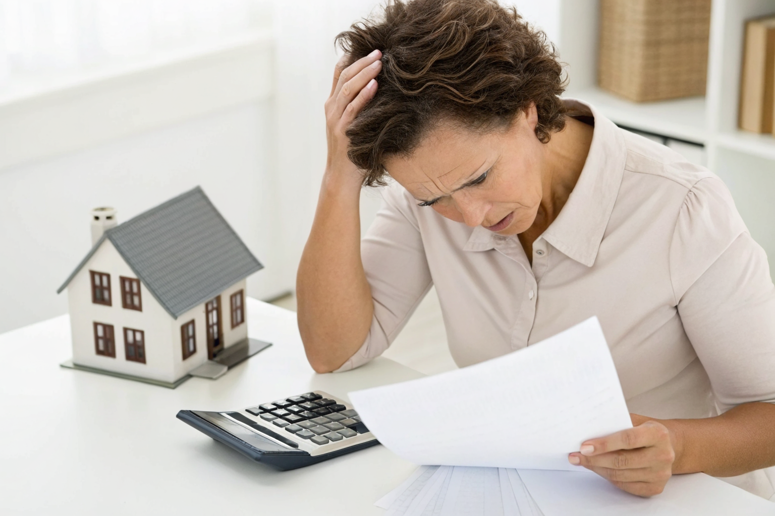 Homeowner puzzled over insurance documents with calculator and note.