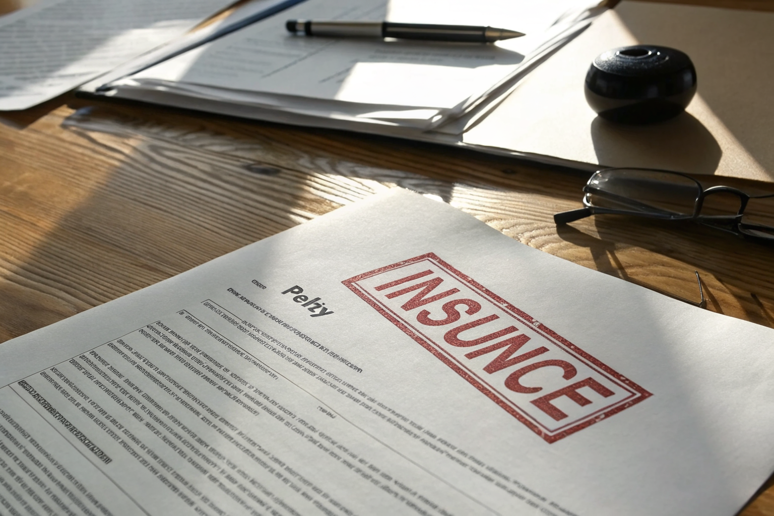 Voided insurance policy document on desk with bold 'VOID' stamp.