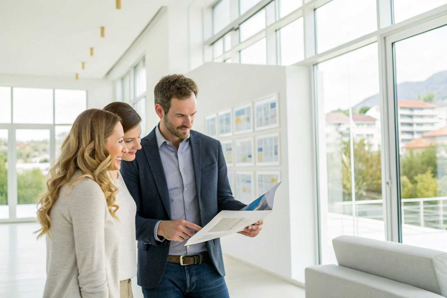 Advisor explaining policy documents to couple in bright office.