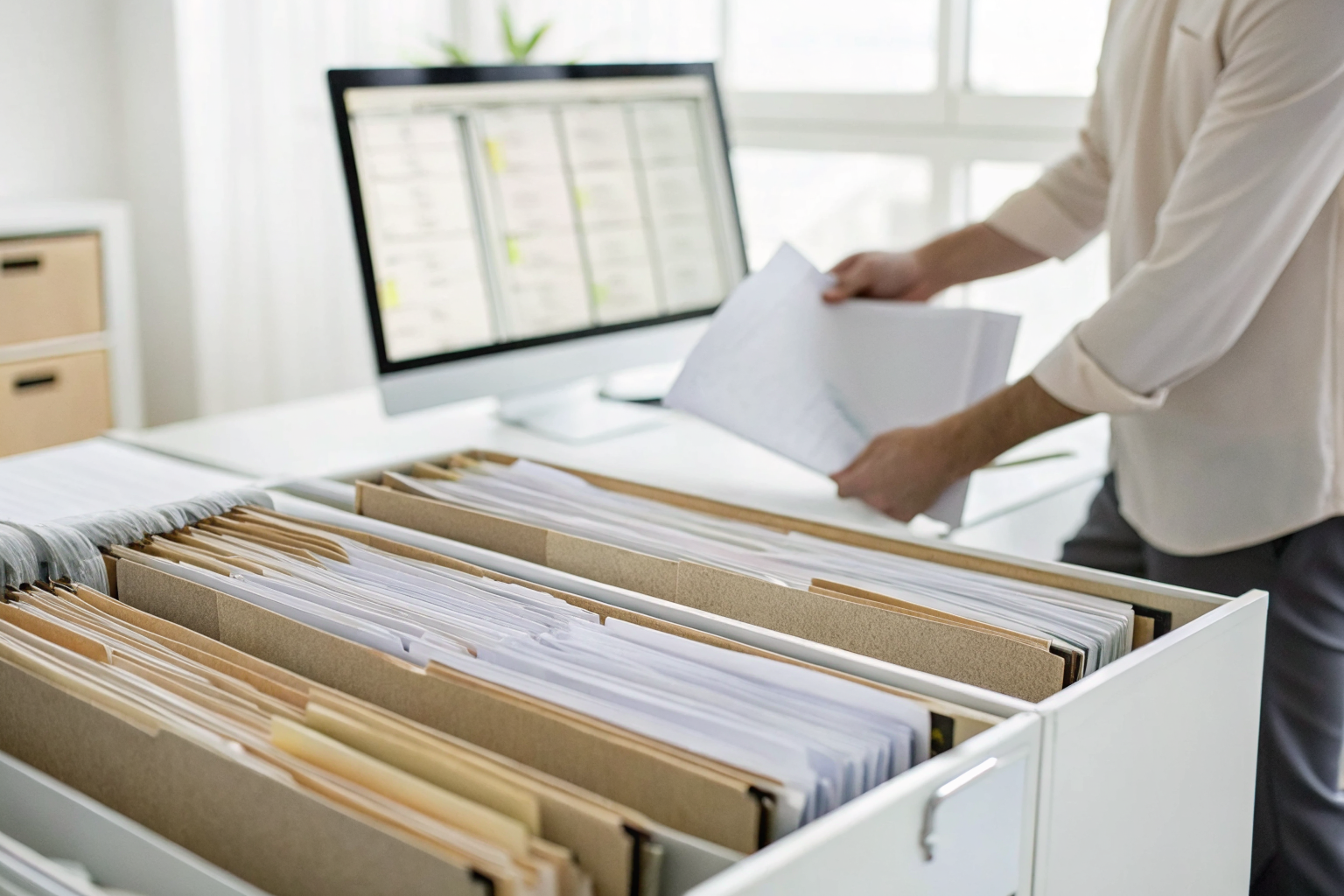 Person sorting rebuttal documents on a tidy desk.