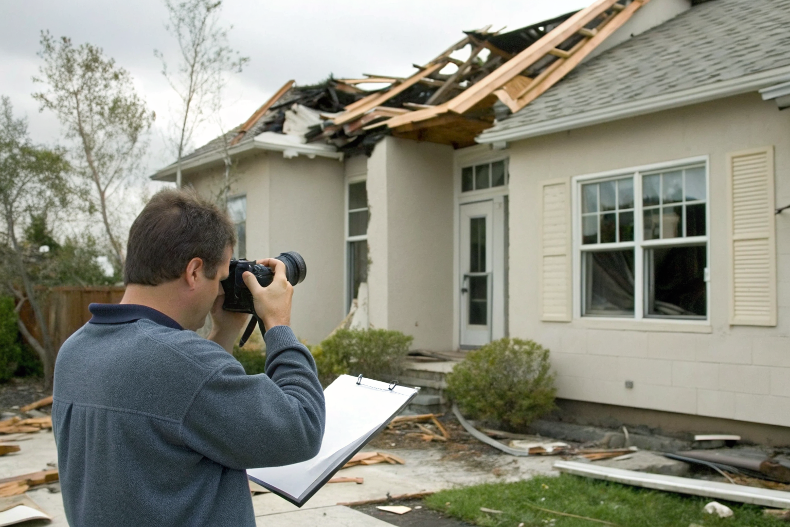 Homeowner documenting storm damage for insurance claim purposes.