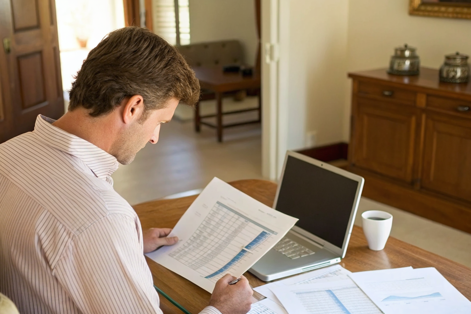Homeowner reviewing financial documents for cost analysis.
