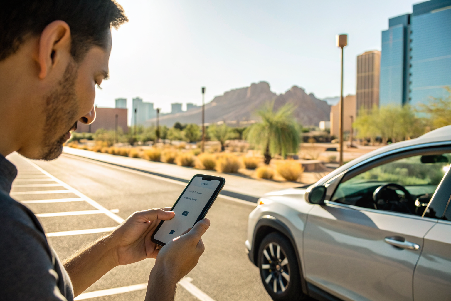 Driver checking vehicle's ACV on smartphone app in Phoenix area.