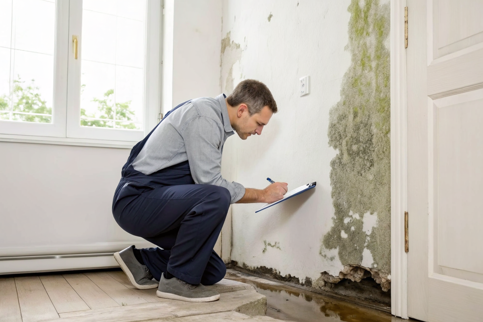 Adjuster inspecting slow leak with mold on walls.