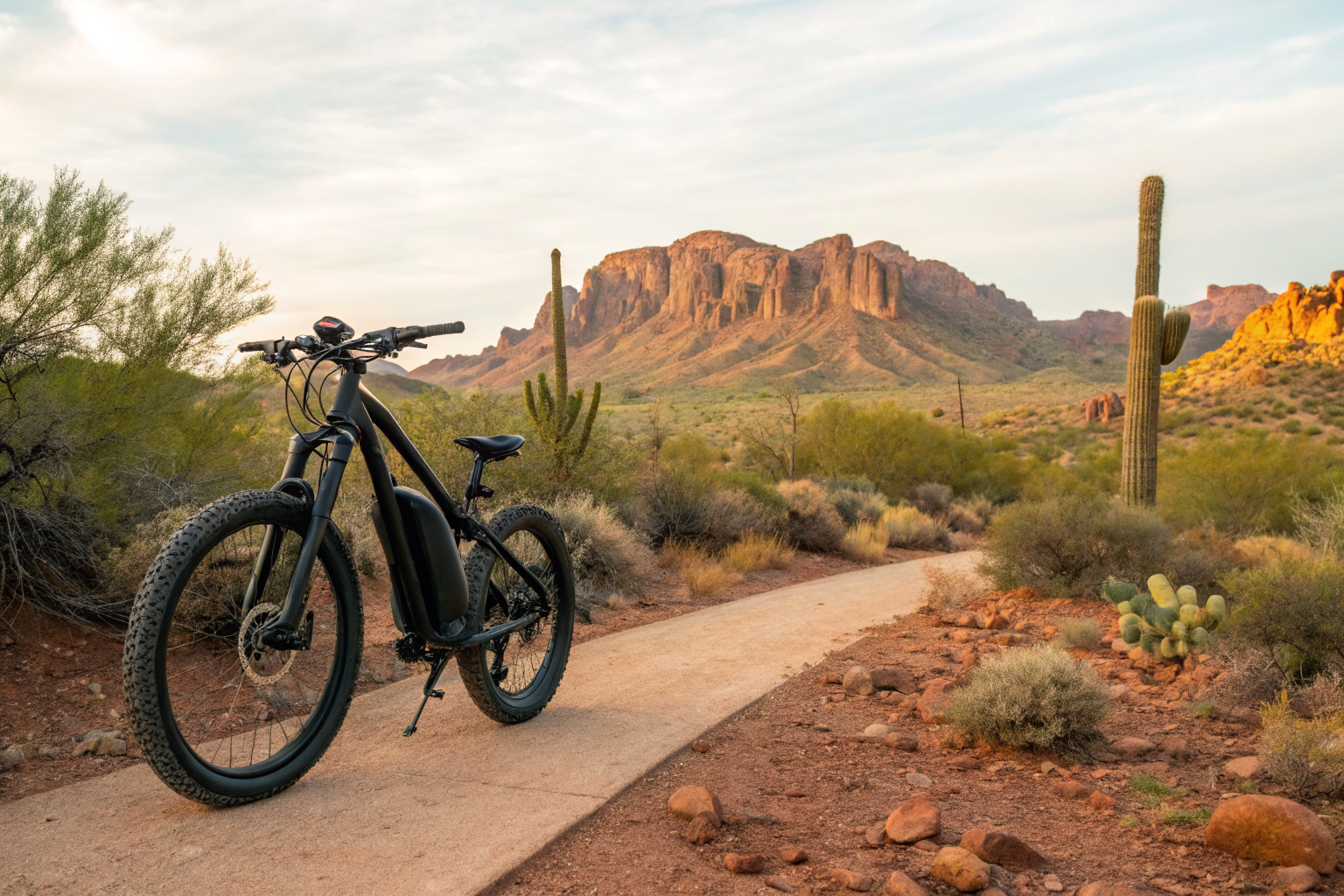 Electric bicycle in Arizona desert, no insurance tags visible.