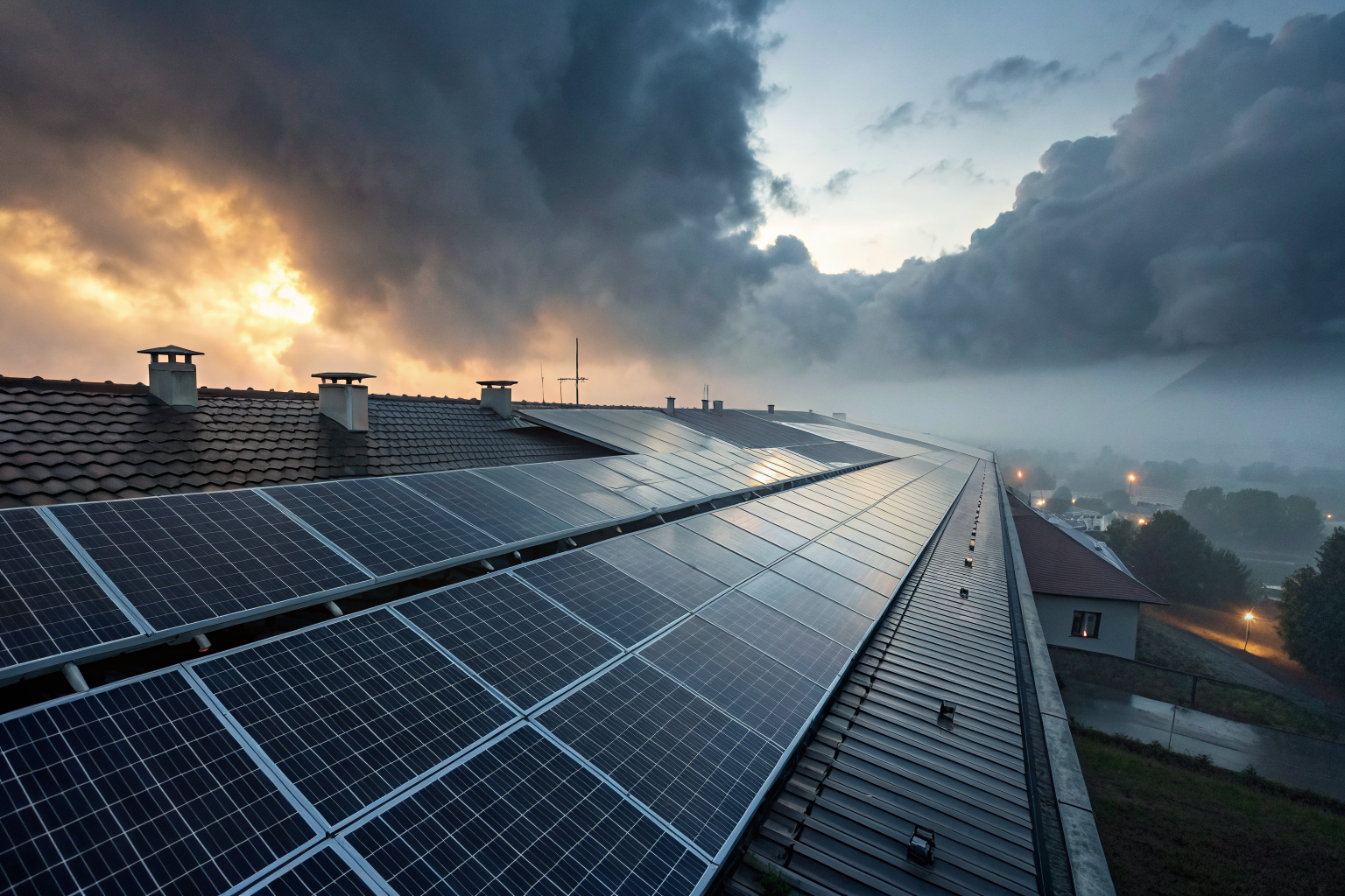 Rooftop filled with solar panels under a dramatic sky.