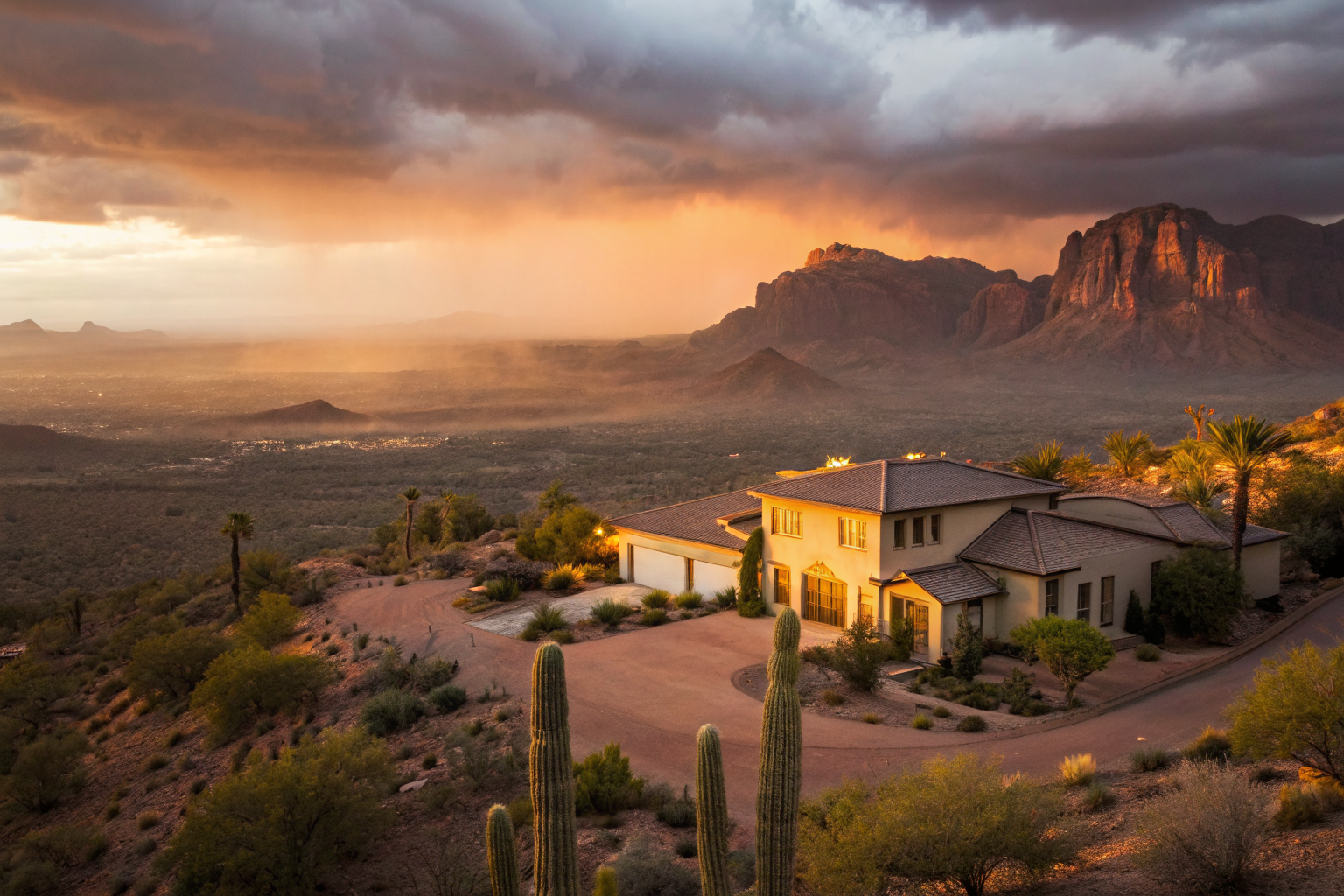 Arizona home at sunset with dramatic lighting and desert surroundings.