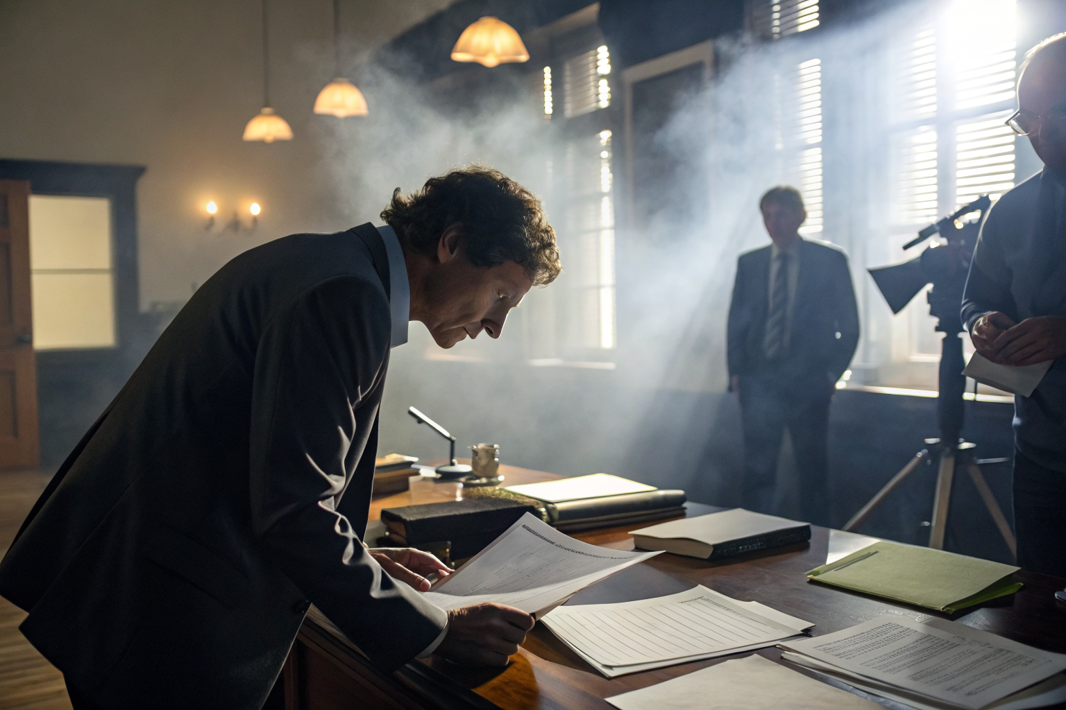 Person examining 1099 form and Arizona legal documents in a dramatic office setting.