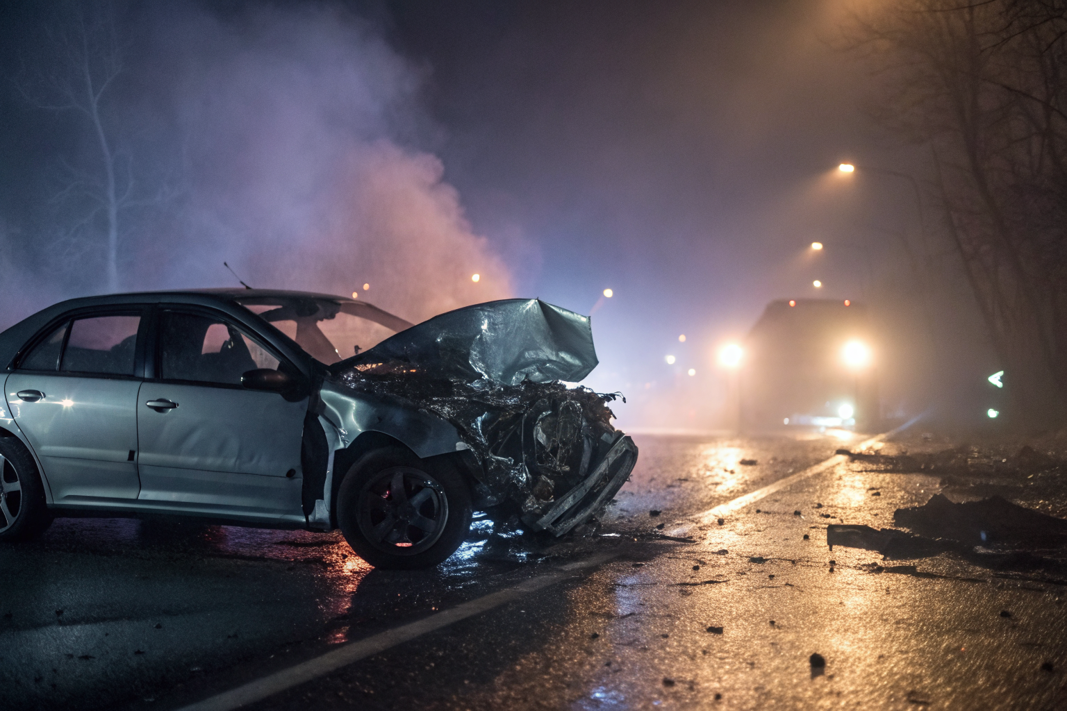 Dramatic car accident at night with broken glass and emergency lights.