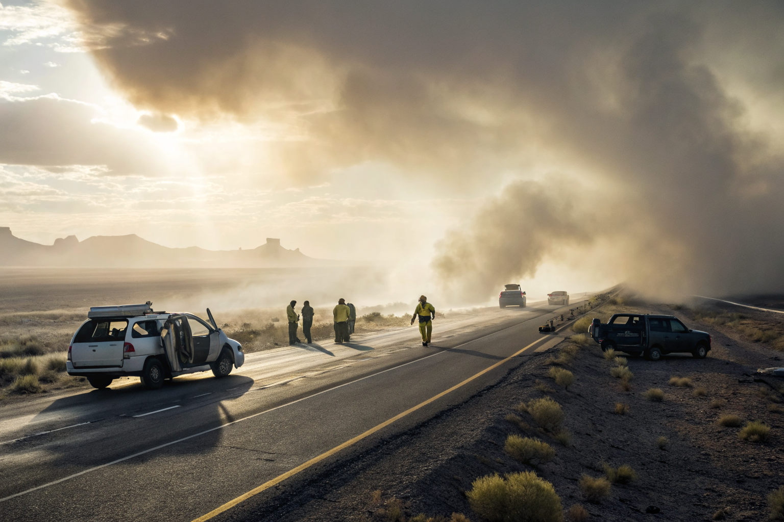 Car accident on Arizona highway with emergency responders in dramatic light.