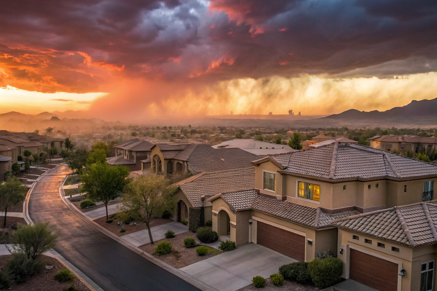 Arizona neighborhood at sunset with diverse homes and tile roofs.