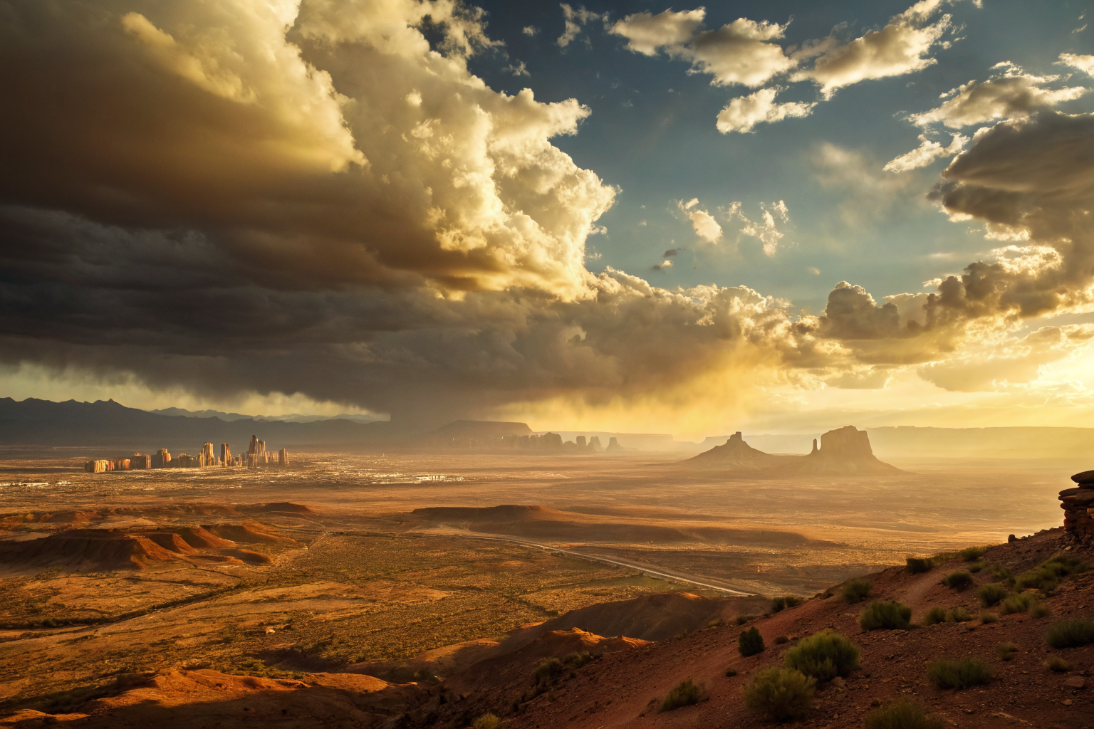 Desert landscape in Arizona with silhouetted city skyline under dramatic clouds.