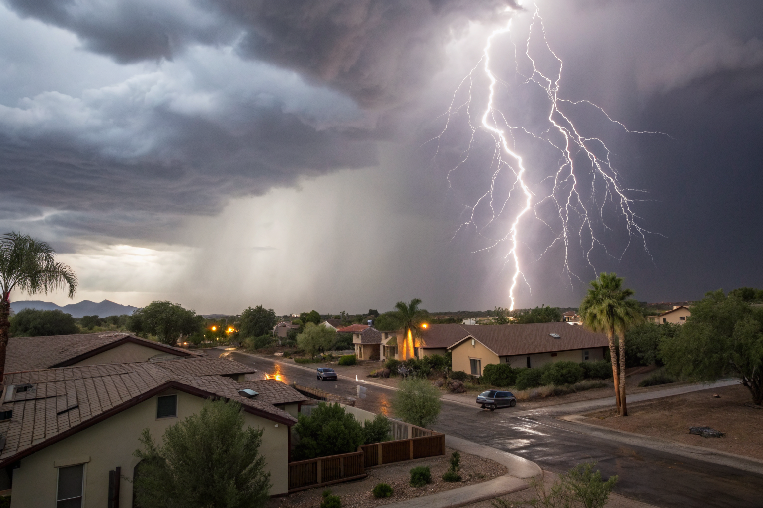 Arizona monsoon storm over neighborhood showing potential home damage.