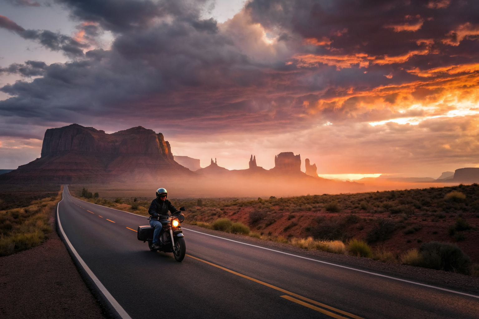 Motorcyclist on Arizona highway at sunset, wearing helmet, dramatic lighting.