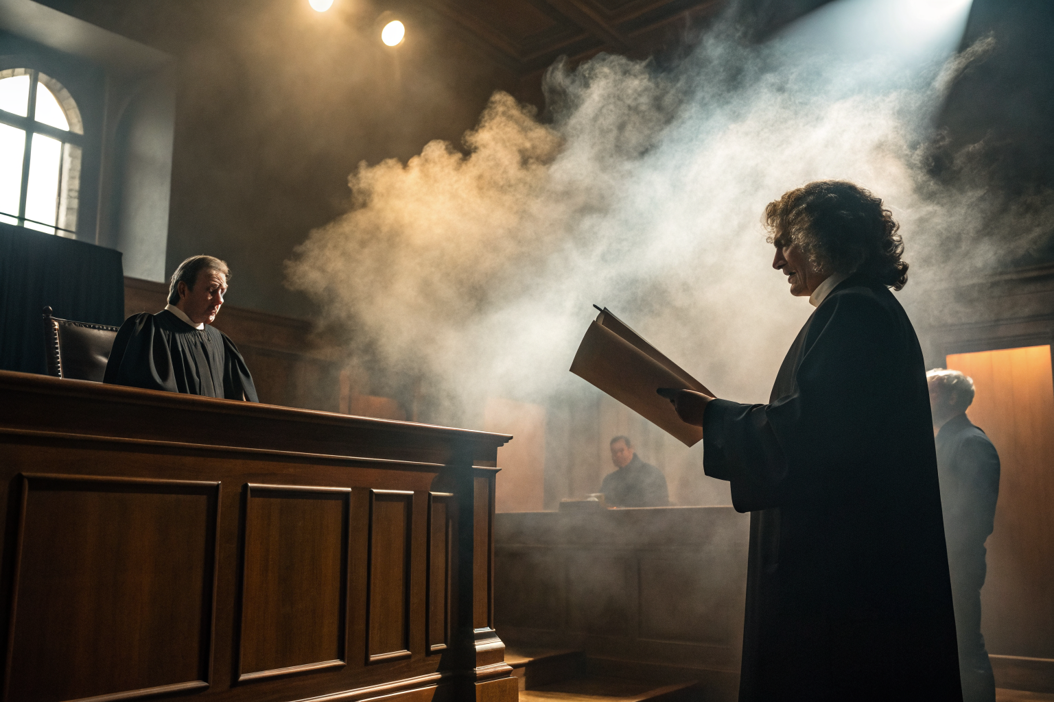 Judge holding a non-renewal notice in a foggy, dramatic courtroom.
