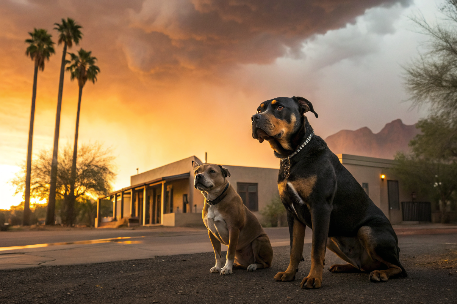 Rottweiler and pit bull in front of an Arizona insurance office at sunset.