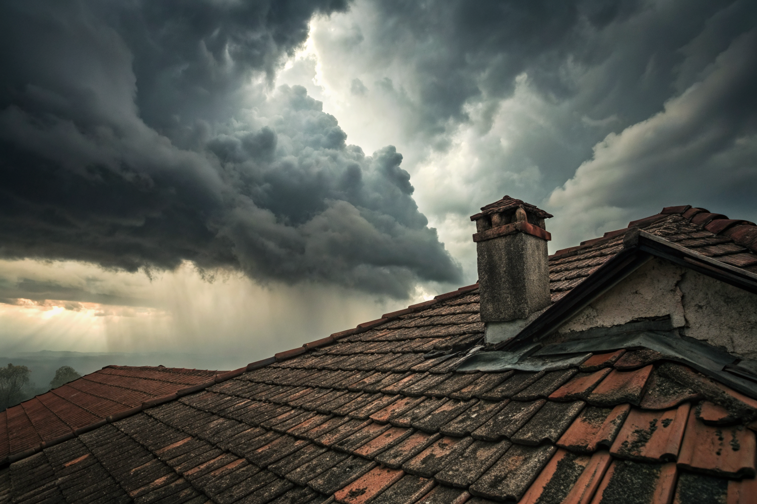 Stormy sky over an old, deteriorating rooftop with dramatic lighting.