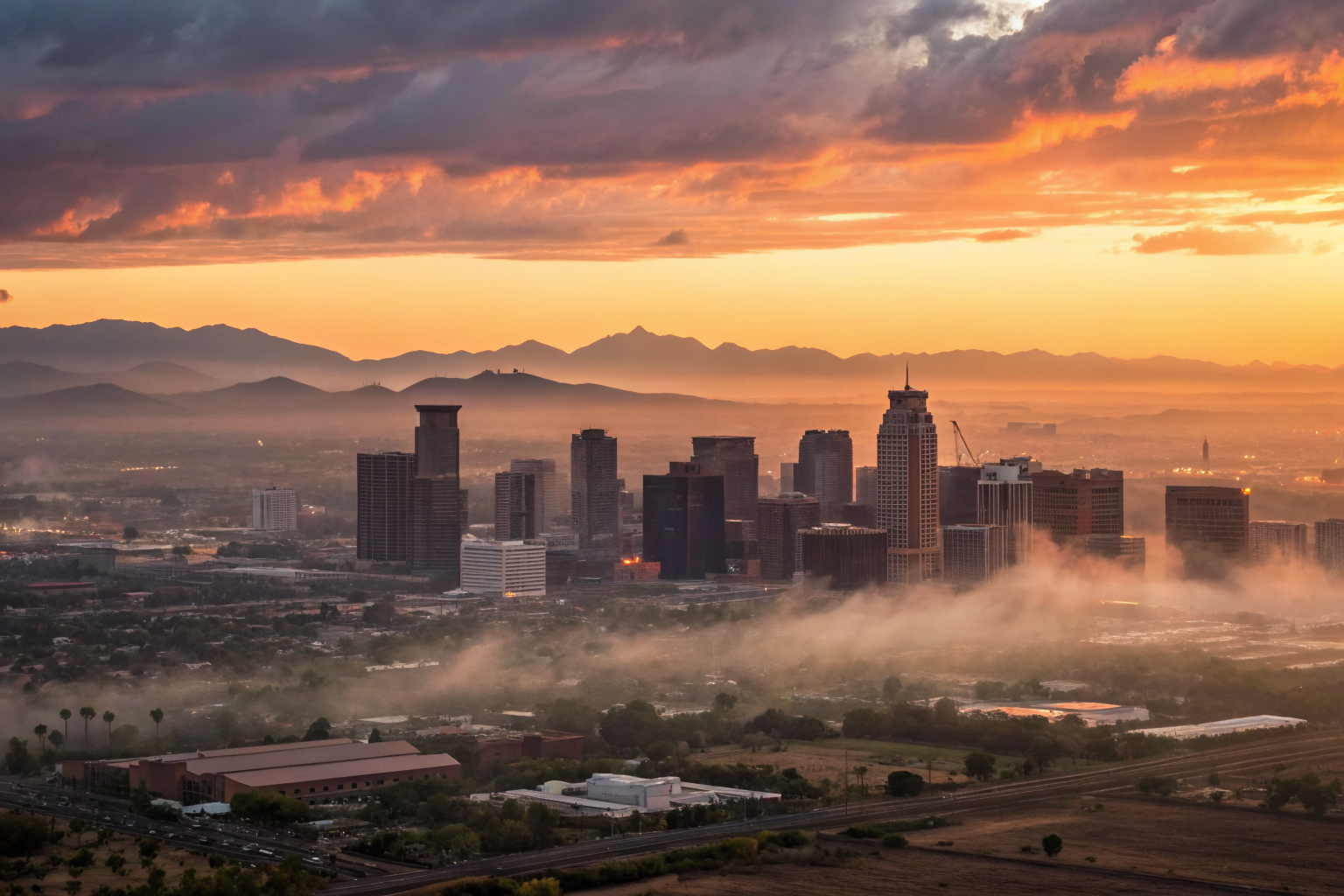 Phoenix skyline at sunset with dramatic lighting and fog.